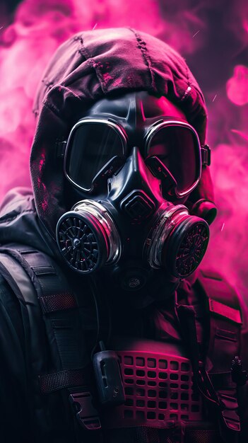 Cyberpunk character wearing gas mask with pink theme