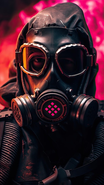 Cyberpunk character wearing gas mask with pink theme