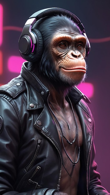 サイバーパンクのチンパンジー 革とヘッドフォンで アレックス・ペトルク APe AI GENERATED