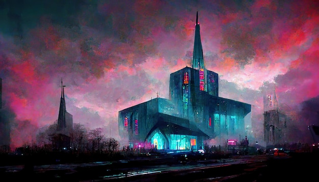 Cyberpunk church concept art illustration