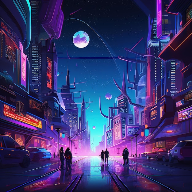 Cyberpunk city, abstract illustration, futuristic city, artwork at night,  4k wallpaper, night city landscape Stock Illustration