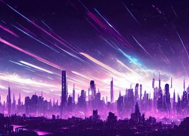 Cyberpunk city background with night starry sky Landscape of neon ultraviolet skyscrapers