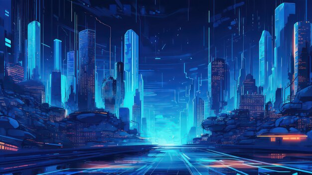 cyberpunk city blue wallpaper for desktop background and design projects