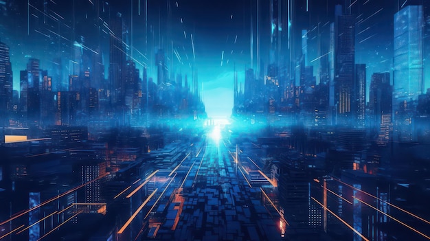 cyberpunk city blue wallpaper for desktop background and design projects