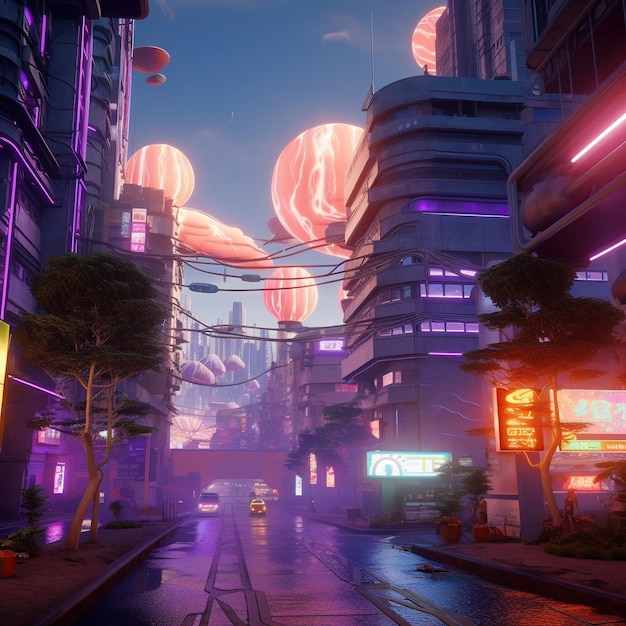 cyberpunk city cgi render neon color