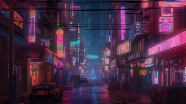 The neon-lit streets of a cyberpunk anime night city with this