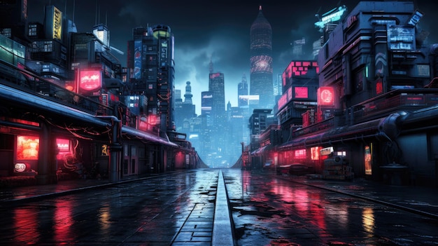 The neon-lit streets of a cyberpunk anime night city with this