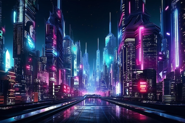 Cyberpunk city at night panoramic widescreen view extreme details