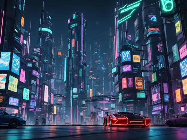 a cyberpunk city at night with neon light