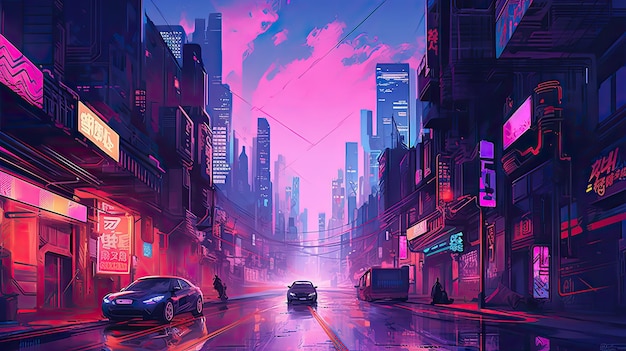 cyberpunk city pink wallpaper for desktop background and design projects