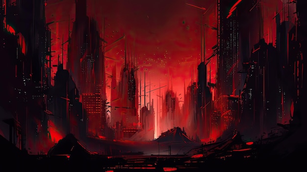 cyberpunk city red wallpaper for desktop background and design projects