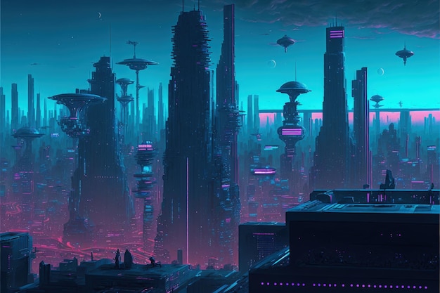 Cyberpunk city scene with futuristic structures Fantasy concept Illustration painting Generative AI