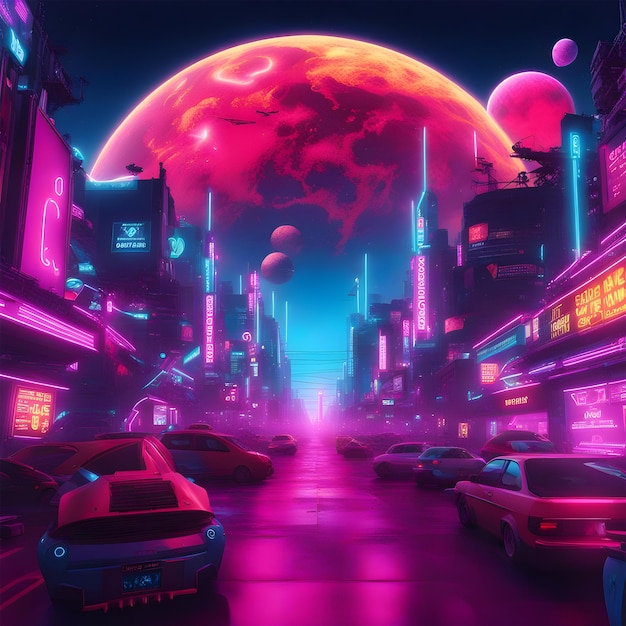 写真 サイバーパンクの街の夜景 魅力的で異なる視点を通して 未来的な巨大な惑星
