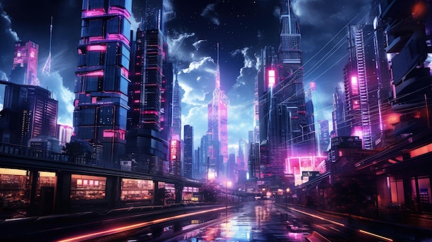 Cyberpunk City Street Night View Futuristic City Neon Light Generative AI