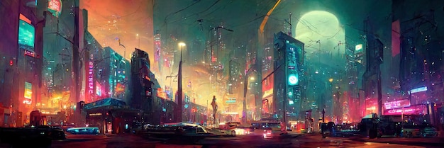 Cyberpunk city street, night view, futuristic city, neon\
lights. night street scene, retro future.