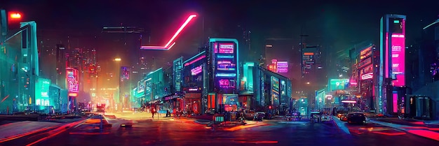 Cyberpunk city street, night view, futuristic city, neon lights. Night street scene, retro future.