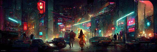 The neon-lit streets of a cyberpunk anime night city with this