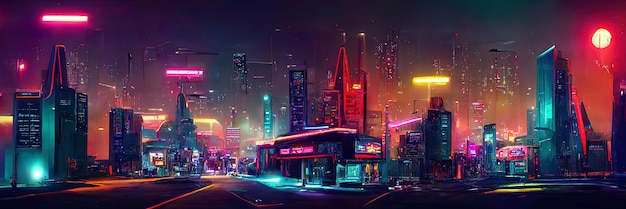 Cyberpunk city street, night view, futuristic city, neon lights. Night street scene, retro future.