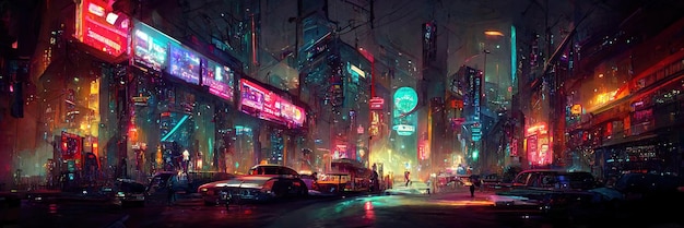 Cyberpunk city street, night view, futuristic city, neon lights. Night street scene, retro future.