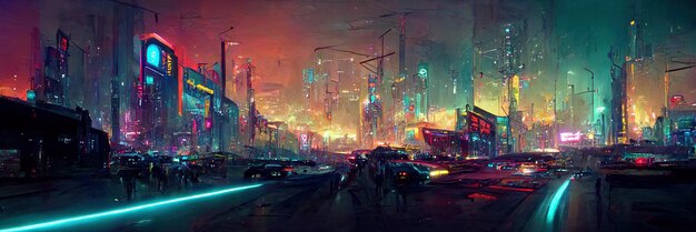 Cyberpunk city street, night view, futuristic city, neon
lights. night street scene, retro future.