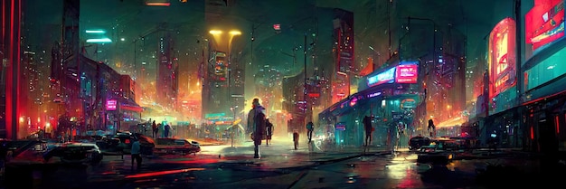 Городская улица киберпанка, ночной вид, футуристический город, неоновые огни. Ночная уличная сцена, ретро будущее.