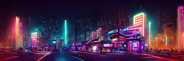 Cyberpunk city street, night view, futuristic city, neon lights. Night street scene, retro future.