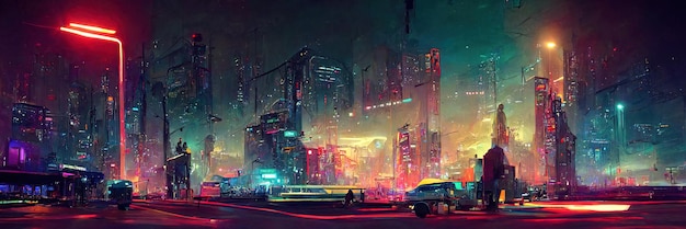 Cyberpunk city street, night view, futuristic city, neon lights. Night street scene, retro future.