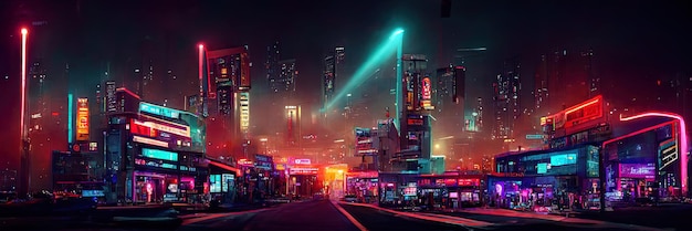 Cyberpunk city street, night view, futuristic city, neon
lights. night street scene, retro future.