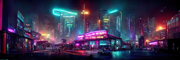 Foto via della città cyberpunk, vista notturna, città futuristica, luci al neon. scena di strada notturna, futuro retrò.