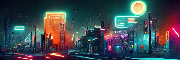 Cyberpunk city street, night view, futuristic city, neon lights. night street scene, retro future