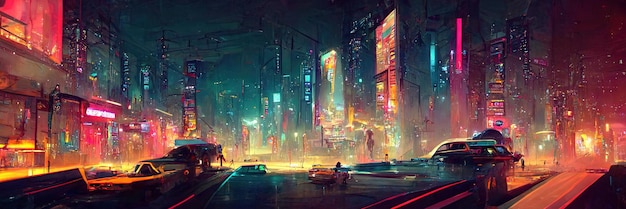 Cyberpunk city street, night view, futuristic city, neon\
lights. night street scene, retro future.