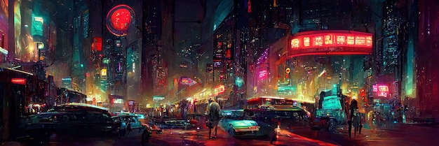 Cyberpunk city street, night view, futuristic city, neon\
lights. night street scene, retro future.