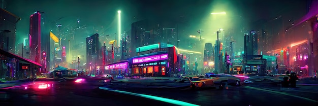 Cyberpunk city street, night view, futuristic city, neon lights. Night street scene, retro future.