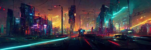 Cyberpunk city street, night view, futuristic city, neon lights. Night street scene, retro future.