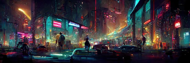 Cyberpunk city street, night view, futuristic city, neon lights. Night street scene, retro future.