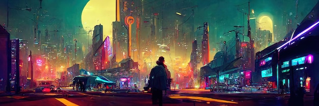 Cyberpunk city street, night view, futuristic city, neon lights. Night street scene, retro future.