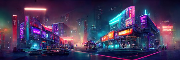 Cyberpunk city street, night view, futuristic city, neon\
lights. night street scene, retro future.