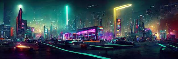 Photo cyberpunk city street, night view, futuristic city, neon lights. night street scene, retro future.