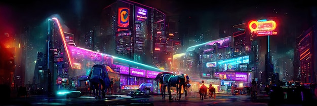 Cyberpunk city street, night view, futuristic city, neon\
lights. night street scene, retro future.