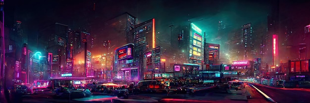 Cyberpunk city street, night view, futuristic city, neon
lights. night street scene, retro future.