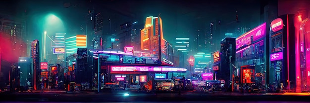 Photo cyberpunk city street, night view, futuristic city, neon lights. night street scene, retro future.