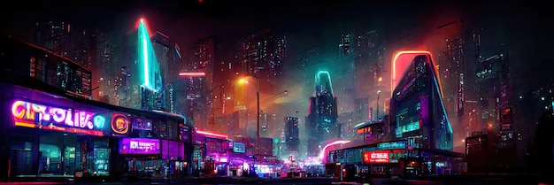 Cyberpunk city street, night view, futuristic city, neon
lights. night street scene, retro future.