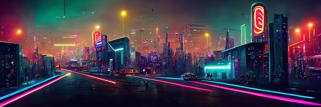 Cyberpunk city street, night view, futuristic city, neon
lights. night street scene, retro future.