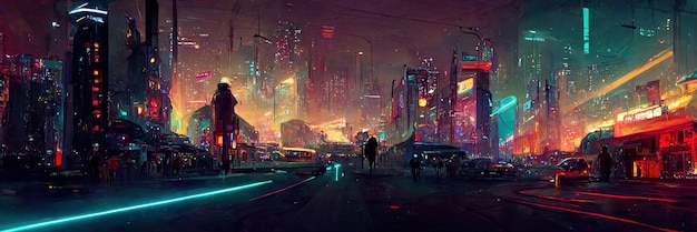 Foto via della città cyberpunk, vista notturna, città futuristica, luci al neon. scena di strada notturna, futuro retrò.
