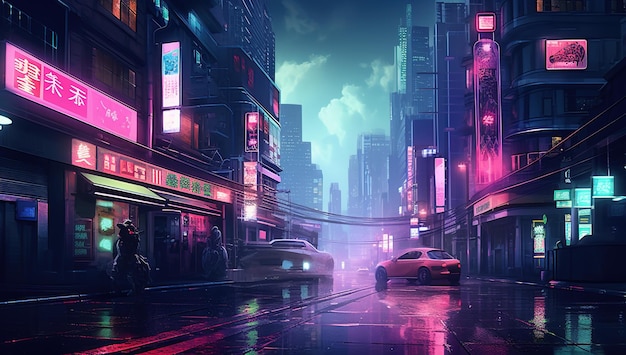 A cyberpunk city street with neon lights and cars