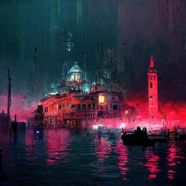 cyberpunk city of Venice at night