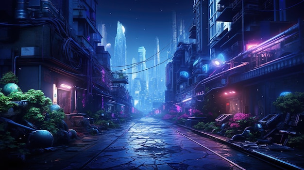 Cyberpunk city view at night street or alley with plants in neon lights generative AI Futuristic urban scene of dystopia Concept of future metaverse technology cyber