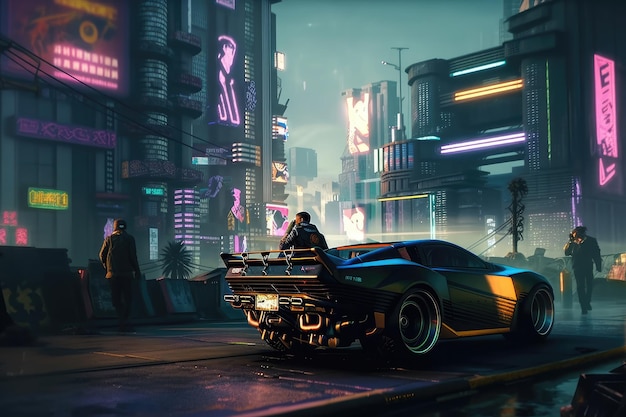 A cyberpunk city with a car in the foreground and a neon sign that says'cyberpunk'on it