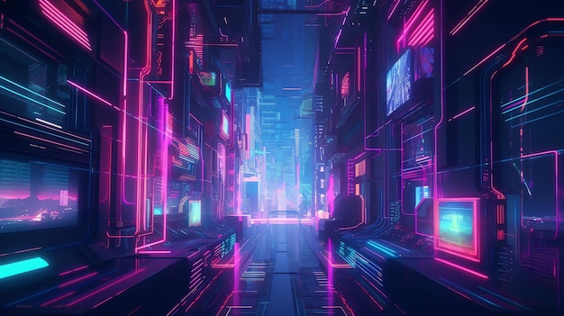 A cyberpunk city with neon lights and a cityscape.