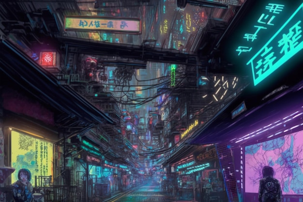 A cyberpunk city with neon signs that say'cyberpunk '